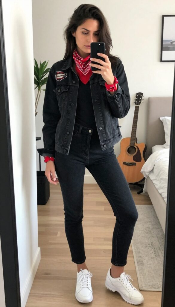 Dark-haired woman in a patched black denim jacket and graphic tee tucked into high-waisted jeans, red bandana around neck, chunky sneakers, taking a mirror selfie in a bright room.