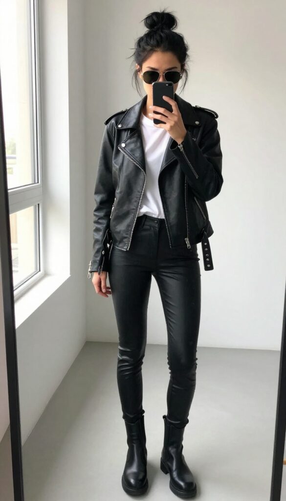 Woman with dark hair in a messy bun takes a mirror selfie wearing a black leather moto jacket, white tee, leather leggings, and ankle boots, with aviator sunglasses pushed up on her head.