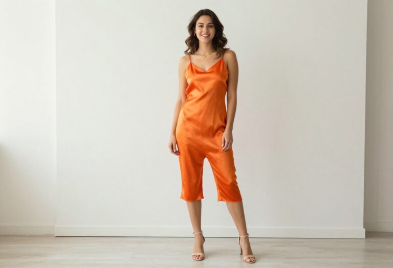 Young woman in an orange satin slip dress with nude heels, striking a confident pose in a bright room.
