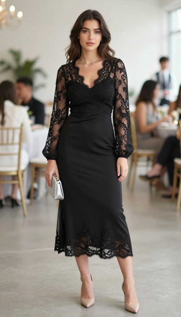15. Black Dress with Sheer Sleeves and Lace Details