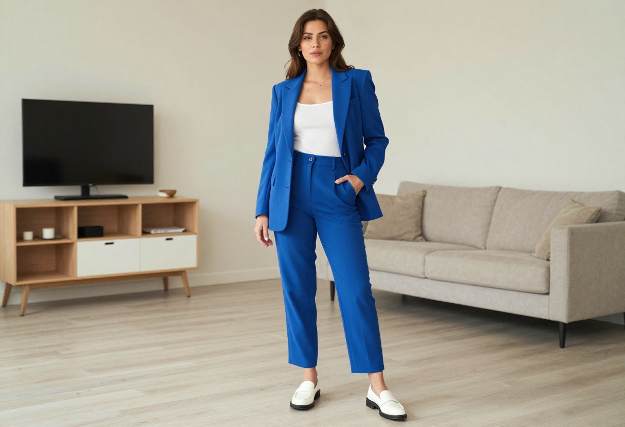 Woman wearing a modern 80s-inspired power suit with a blue blazer and high-waisted trousers