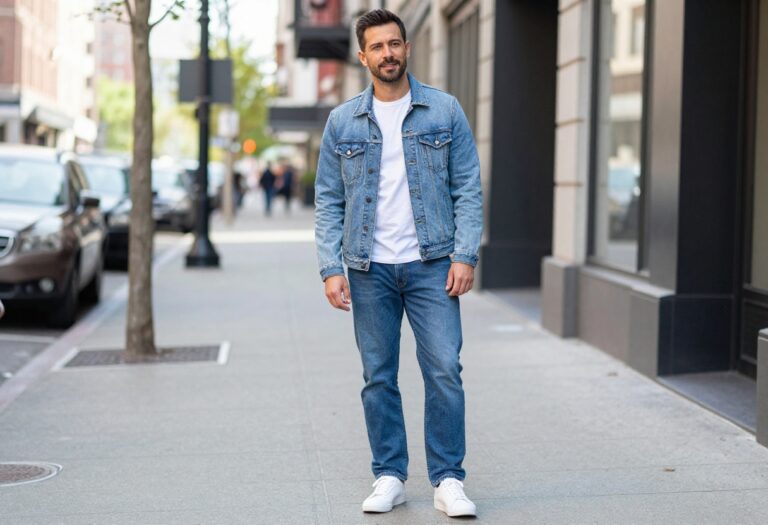 Man in 80s-inspired denim outfit with jacket and jeans, standing on a city street