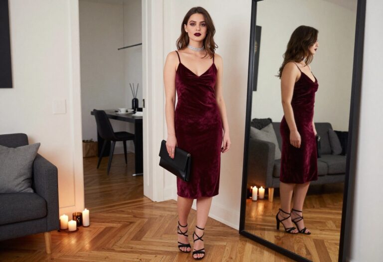 Woman in a burgundy velvet dress and choker posing for a vampire Halloween costume idea