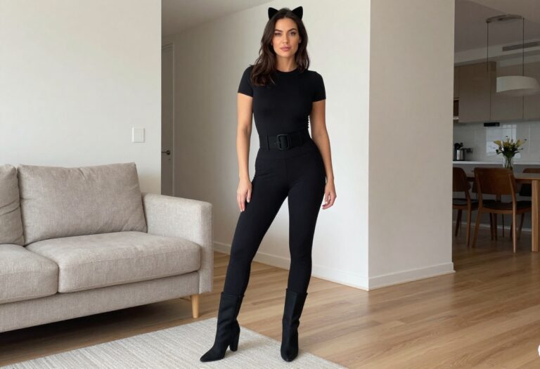 Woman wearing a sleek black Cat Woman jumpsuit with cat ears and boots, posing in a modern living room