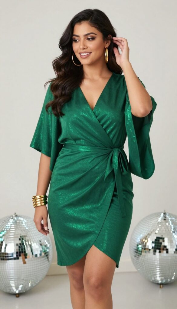3. 1970s Disco Wrap Dress with Gold Accessories
