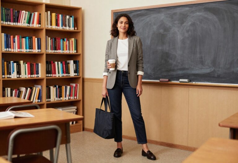 Female teacher in blazer, jeans, and loafers standing in a classroom