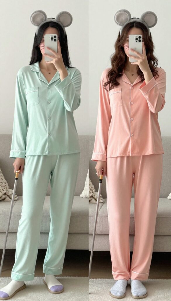 Three women in pastel pajamas with mouse ears and whisker makeup, each holding a tiny cane, posing in a bright living room; one takes a mirror selfie.