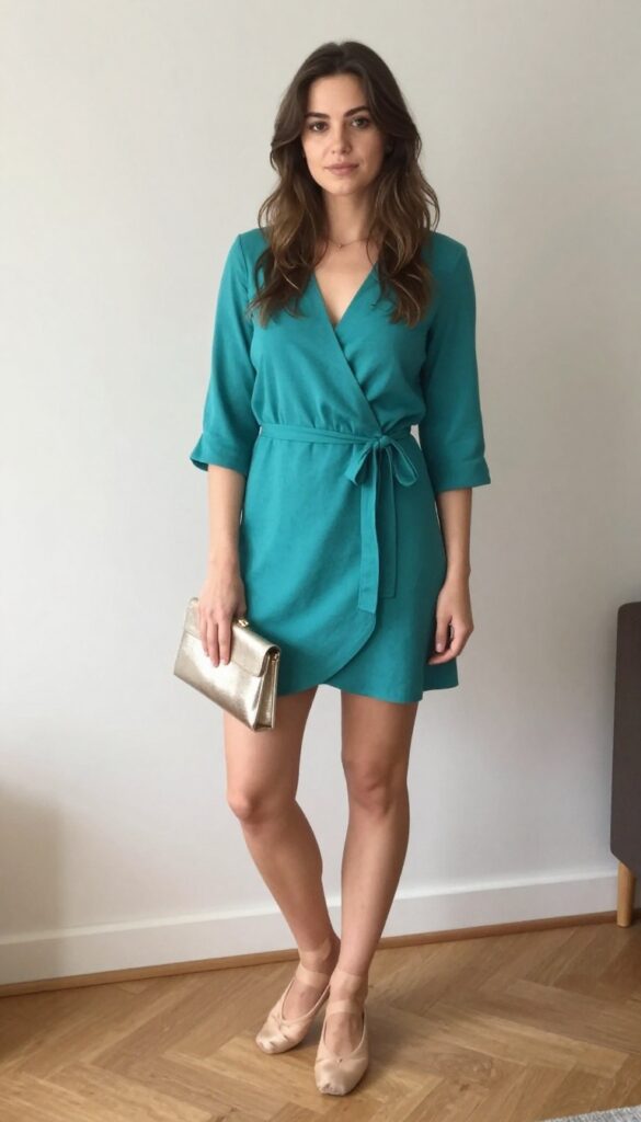 4. Teal Wrap Dress with Ballet Flats