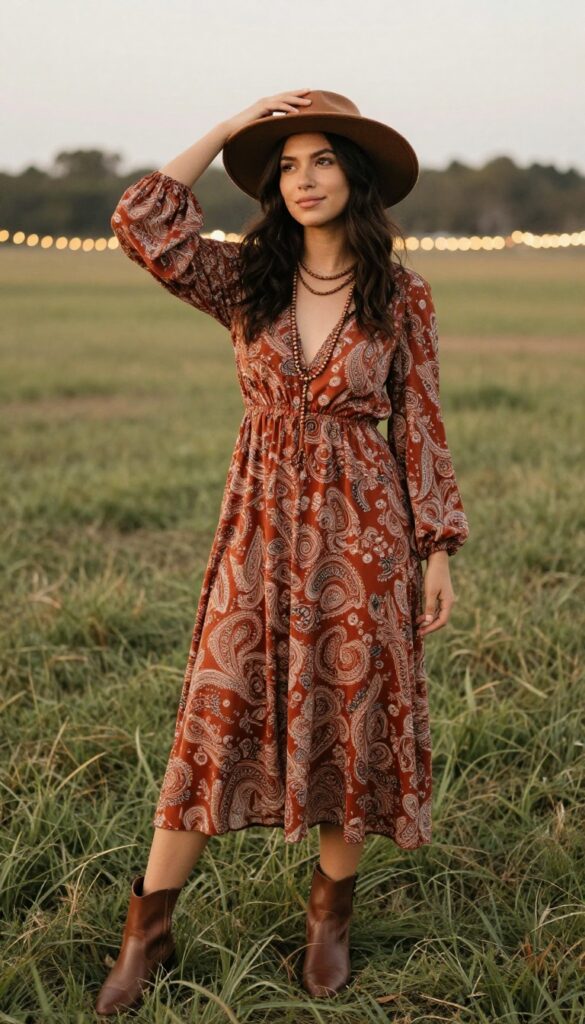 11. 1970s Bohemian Maxi Dress with Floppy Hat