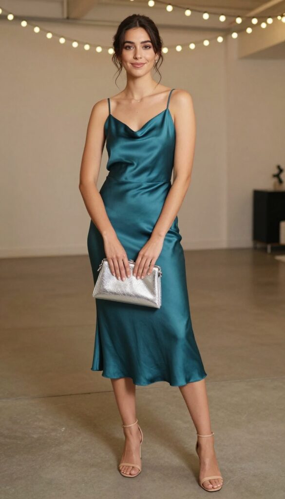 1. Sleek Satin Slip Dress with Strappy Heels