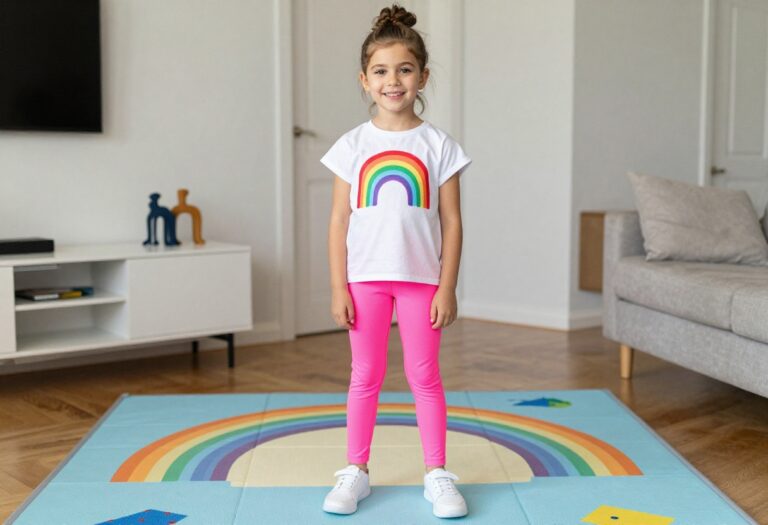 Young girl in 80s neon outfit with oversized tee and sneakers, smiling in a bright living room