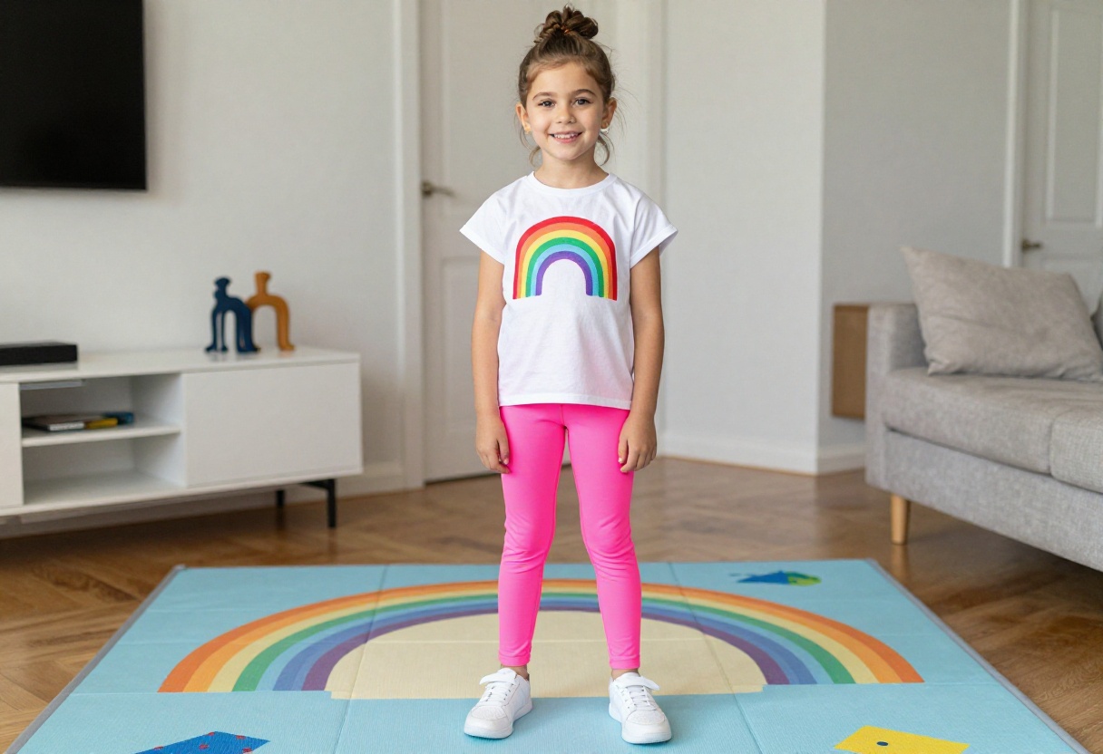Young girl in 80s neon outfit with oversized tee and sneakers, smiling in a bright living room