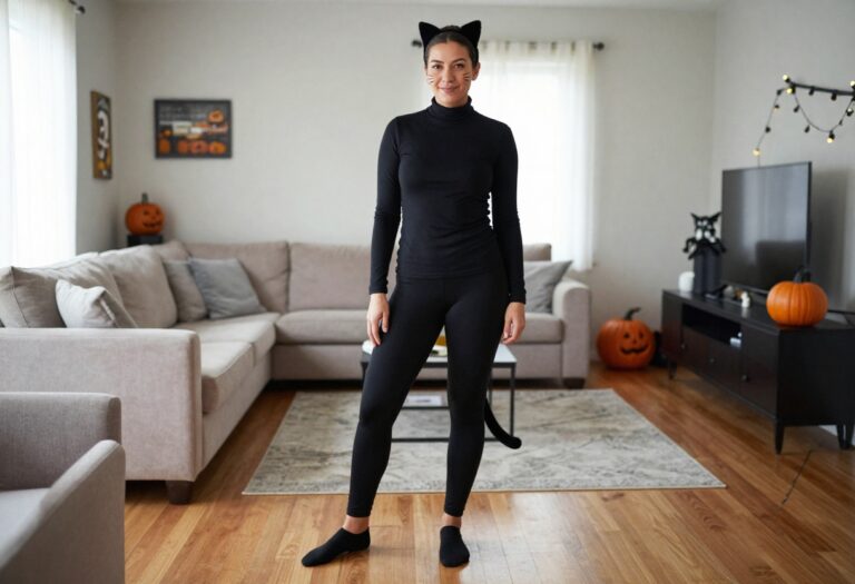 Woman wearing a simple black cat Halloween costume with cat ears and whiskers, standing in a decorated living room.