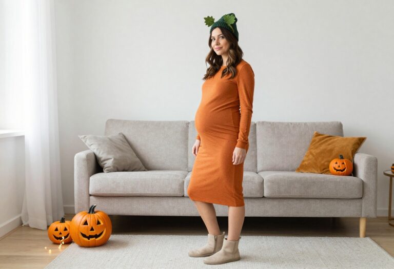Pregnant woman wearing a comfortable pumpkin Halloween costume with a green beanie, smiling in a cozy living room