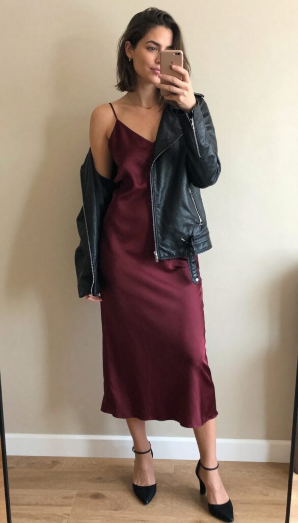 2. Satin Slip Dress with Leather Jacket