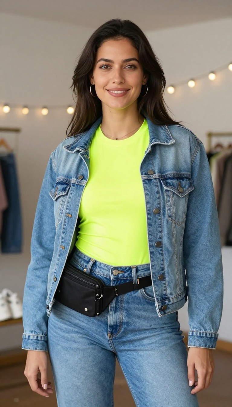 1. Neon Pop with a Denim Jacket