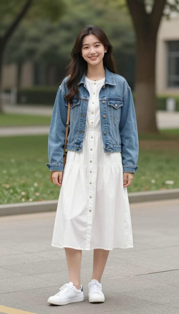 10. Button-Front Dress with Denim Jacket