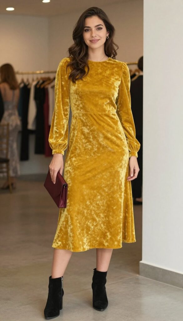 7. Long-Sleeve Velvet Dress in Mustard