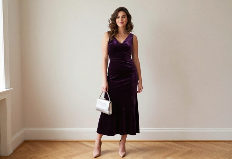 Young woman in a deep purple velvet homecoming dress with a clutch and heels, standing in a cozy living room.