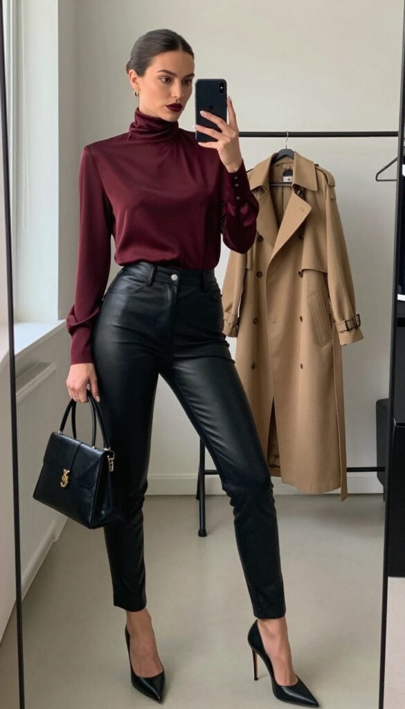 Model in a modern vampire-inspired outfit: high-neck burgundy blouse, black leather pants, camel trench coat, and pointed-toe heels, taking a mirror selfie in a bright, minimal room.