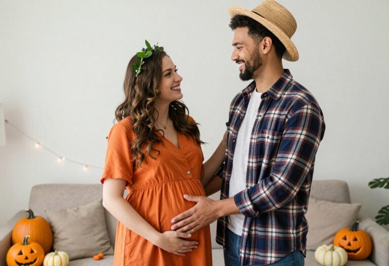 Pregnant couple dressed as a farmer and a pumpkin for Halloween, smiling together in a cozy living room