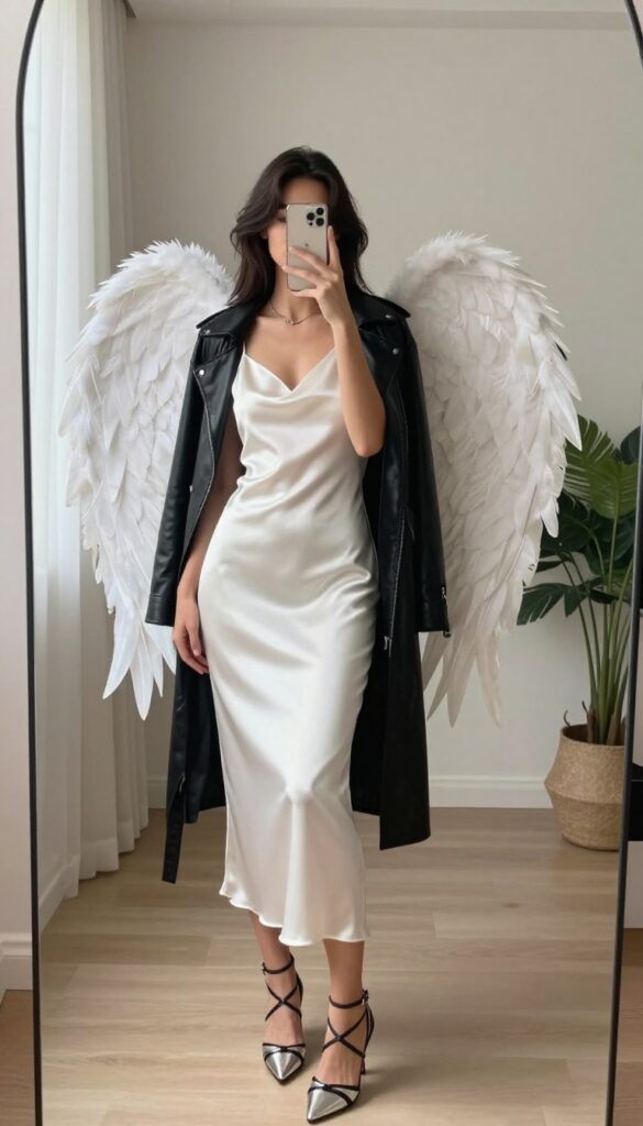 Woman with dark hair in a white slip dress and black leather jacket, wearing feathery angel wings and silver jewelry, taking a mirror selfie in a bright room.