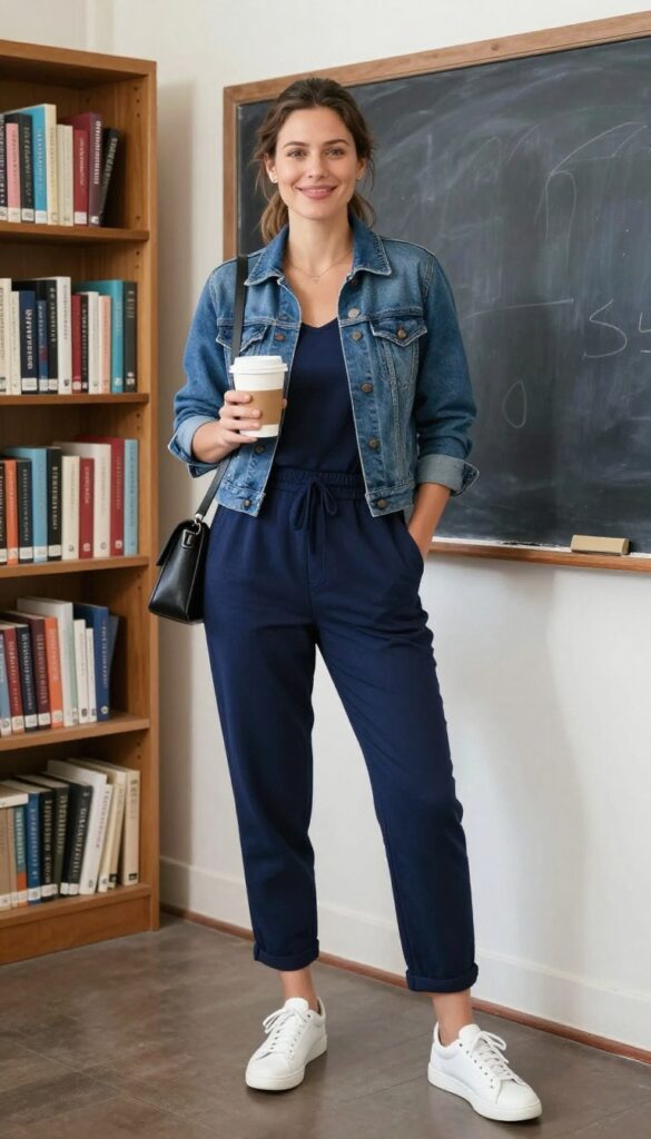 6. Jumpsuit + Denim Jacket + White Sneakers