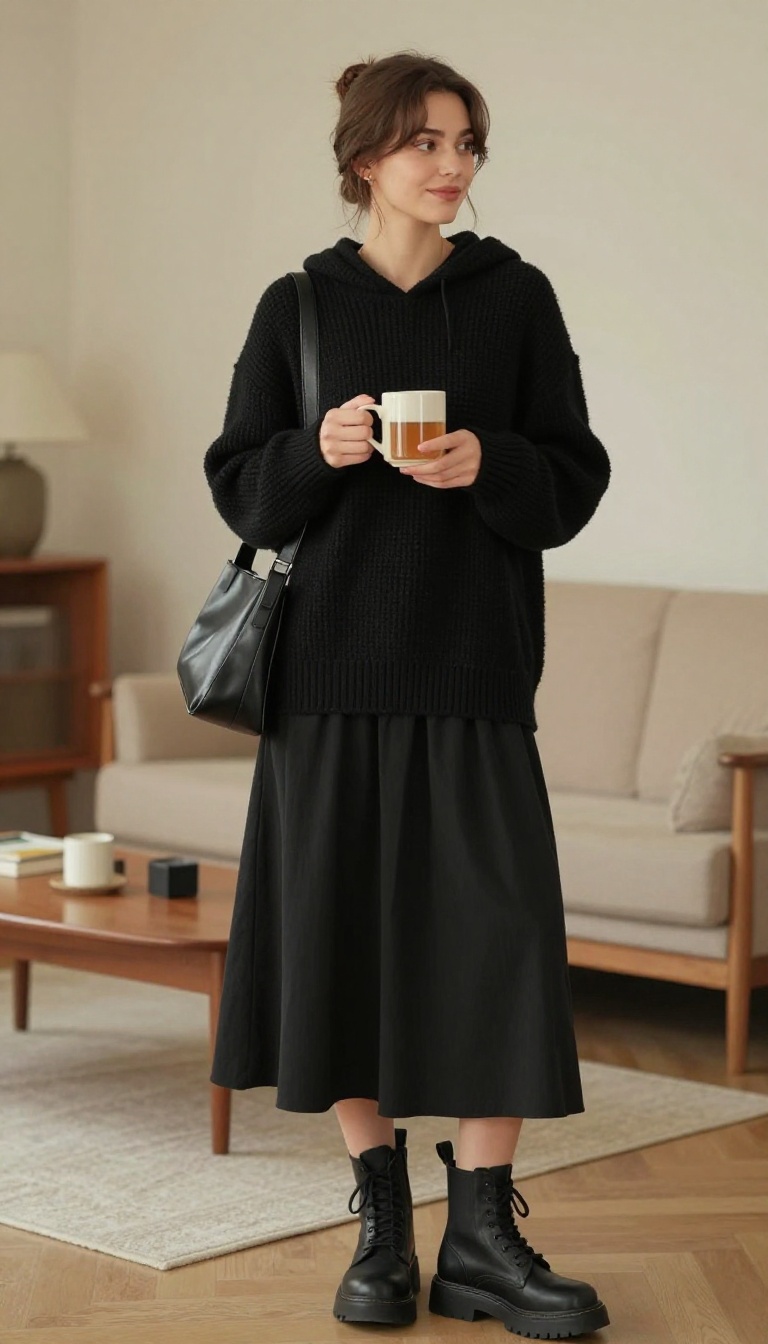 11. Cozy Gothic: Hooded Sweater & Flowy Skirt