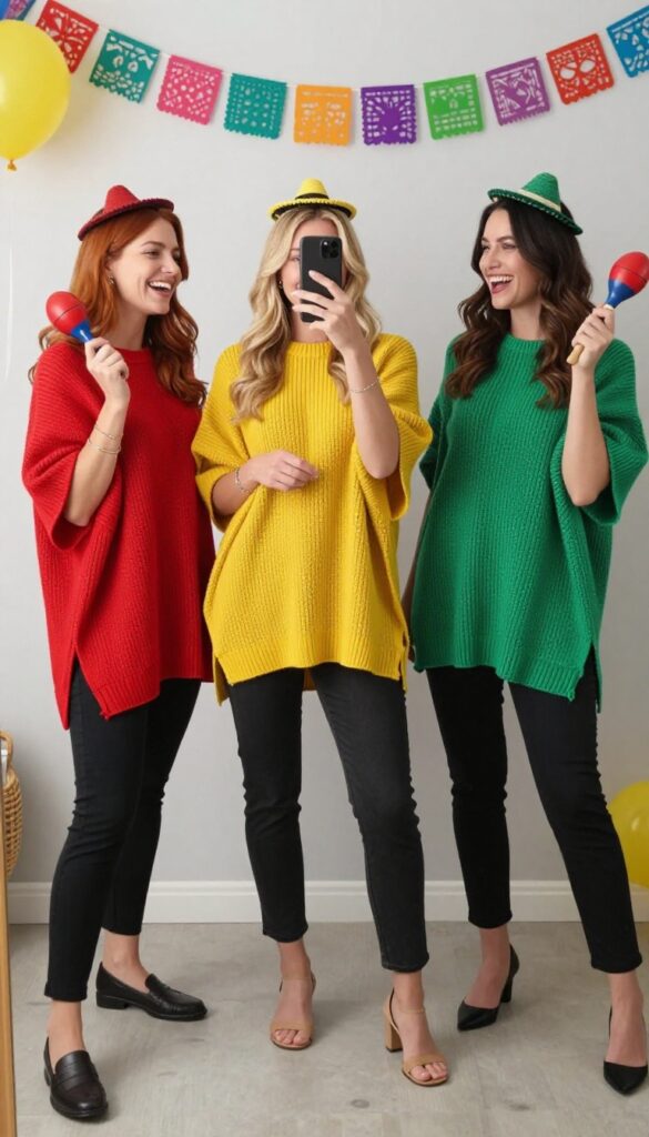 Three women wearing red, yellow, and green ponchos and sombreros, posing in front of a mirror. The center woman takes a selfie with her phone, partially covering her face. They hold maracas and smile, with a festive fiesta vibe.