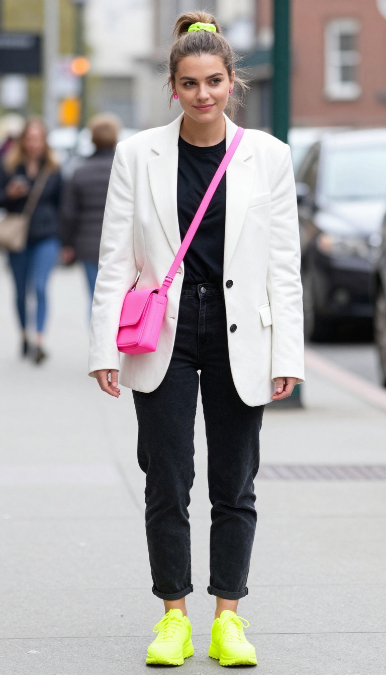 2. Neon Accents on Neutral Basics