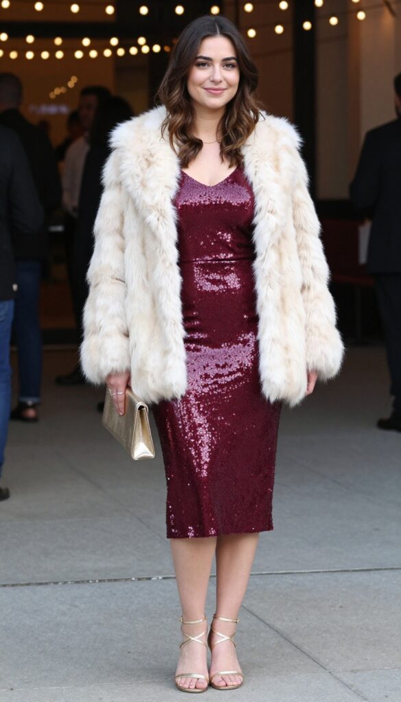 13. Burgundy Sequin Dress with Faux Fur Stole