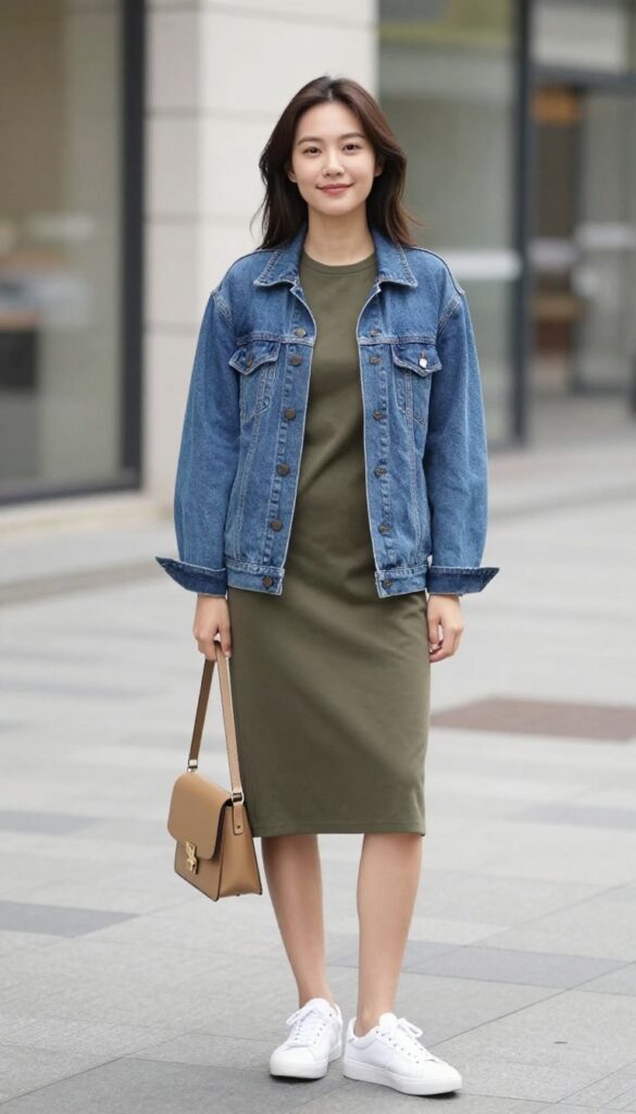 5. Olive Green Midi Dress with Denim Jacket