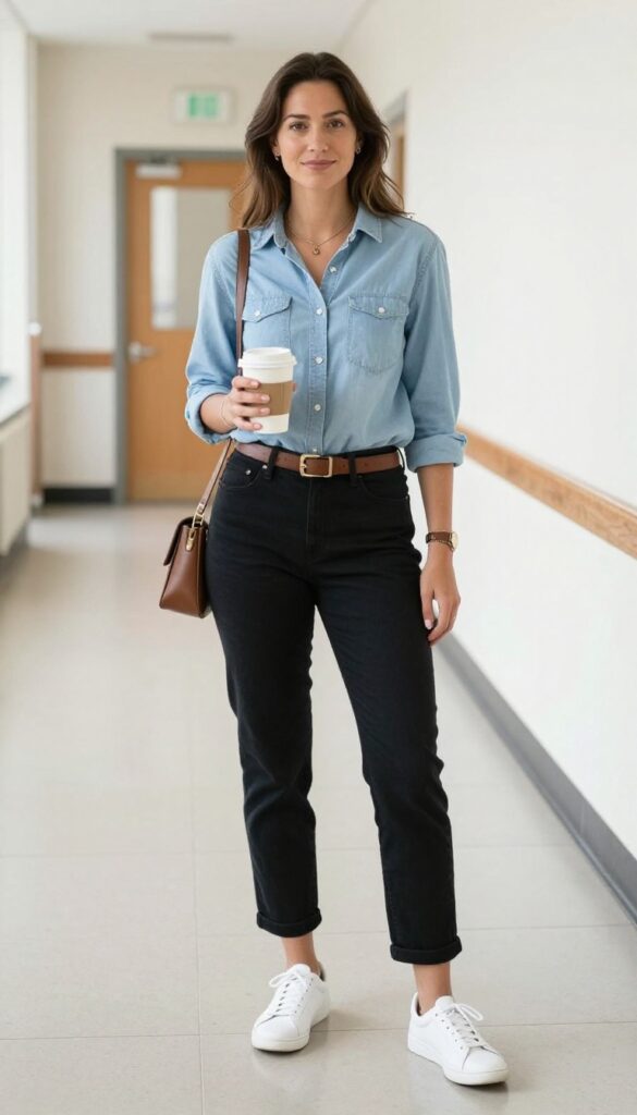5. Chambray Shirt with Black Ankle Pants