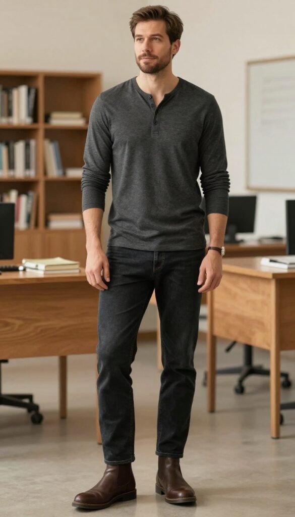 11. The Long-Sleeve Henley and Dark Jeans