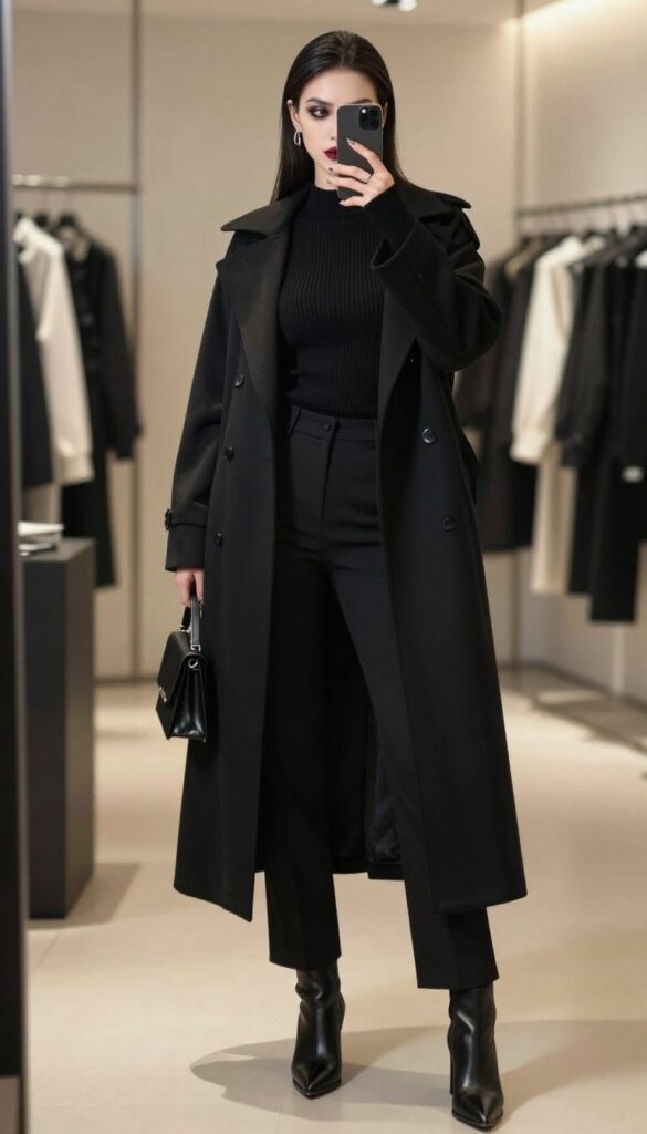 Woman in black top, trousers, and long duster coat taking a mirror selfie, with pale makeup and fangs, styled as an elegant vampire for Halloween.