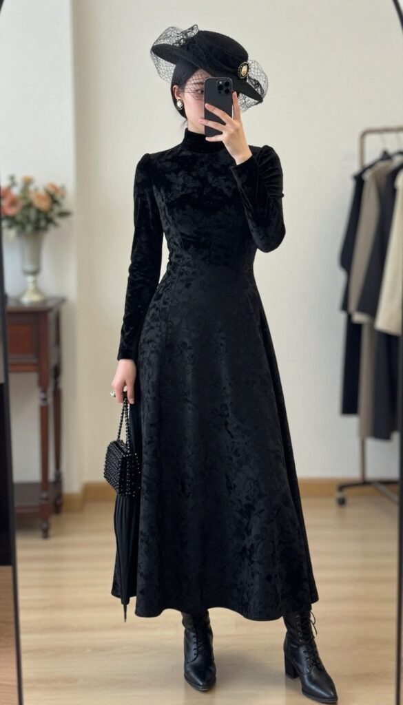 A woman with dark hair in a Victorian mourning dress with a veil, hat, and parasol, taking a mirror selfie in a bright room, embodying a moody yet refined Halloween costume idea.