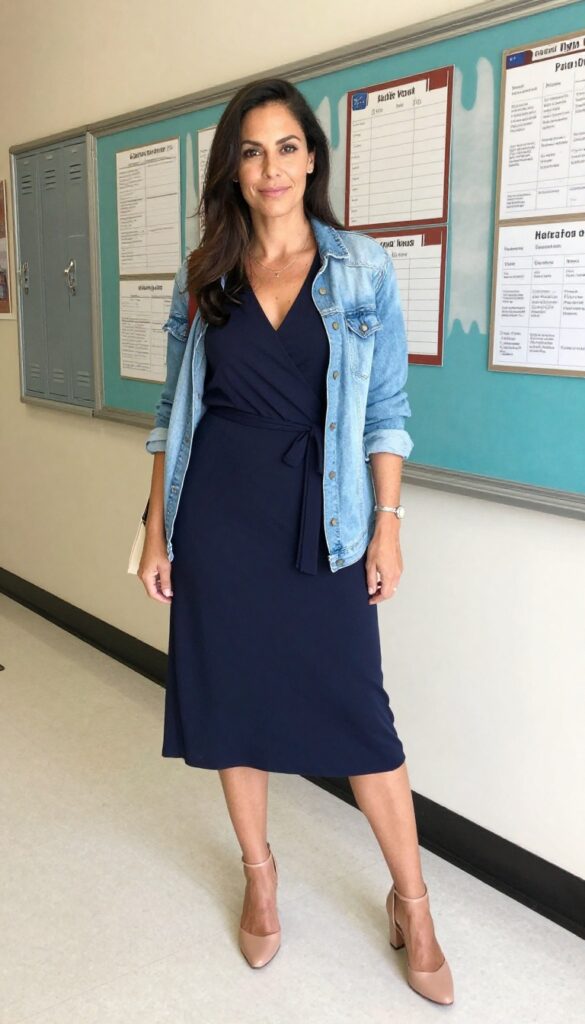 7. Midi Wrap Dress with Block Heels