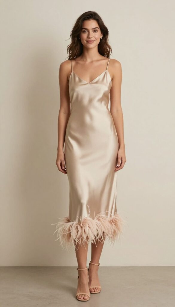 11. Satin Slip Dress with a Feather Trim