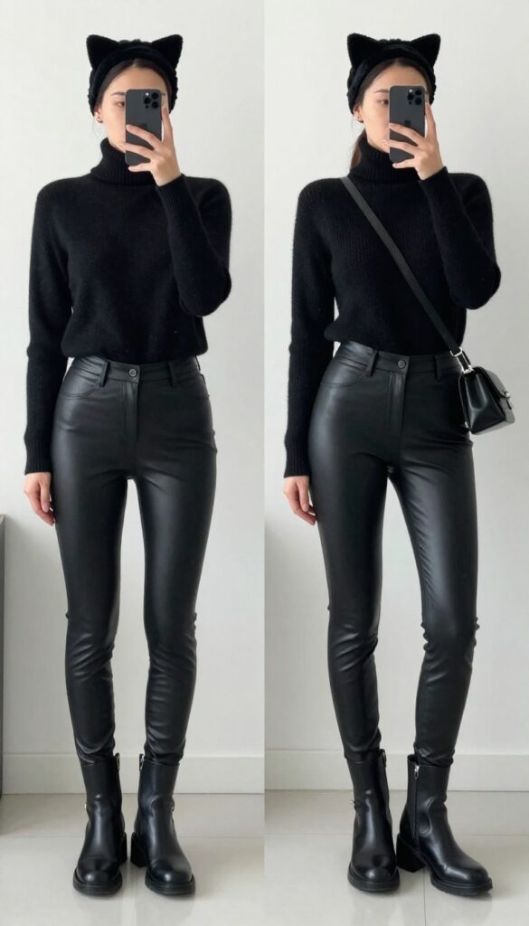 Woman in sleek all-black Catwoman-inspired outfit with black turtleneck, faux leather leggings, cat ear headband, choker, crossbody bag, and block heel ankle boots, taking a mirror selfie in a bright, modern setting.