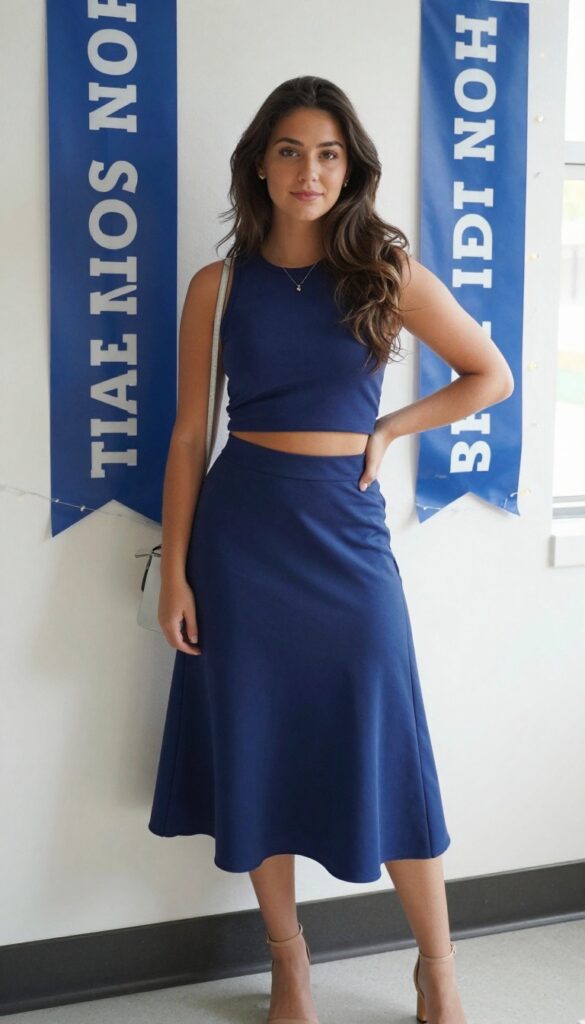 7. Navy Two-Piece Set with a Crop Top and Skirt