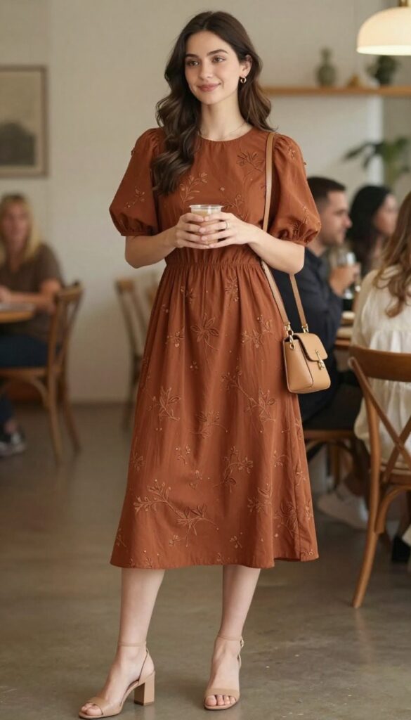 2. Rust Brown A-Line Dress with Floral Embroidery