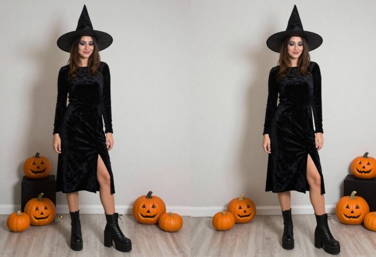 Woman in a chic witch costume with black velvet dress and hat