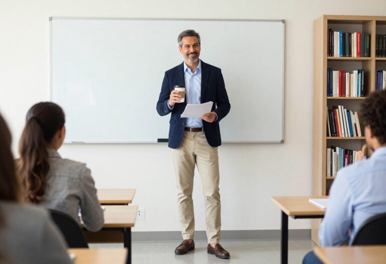 Male teacher in smart casual outfit with blazer and chinos in a classroom