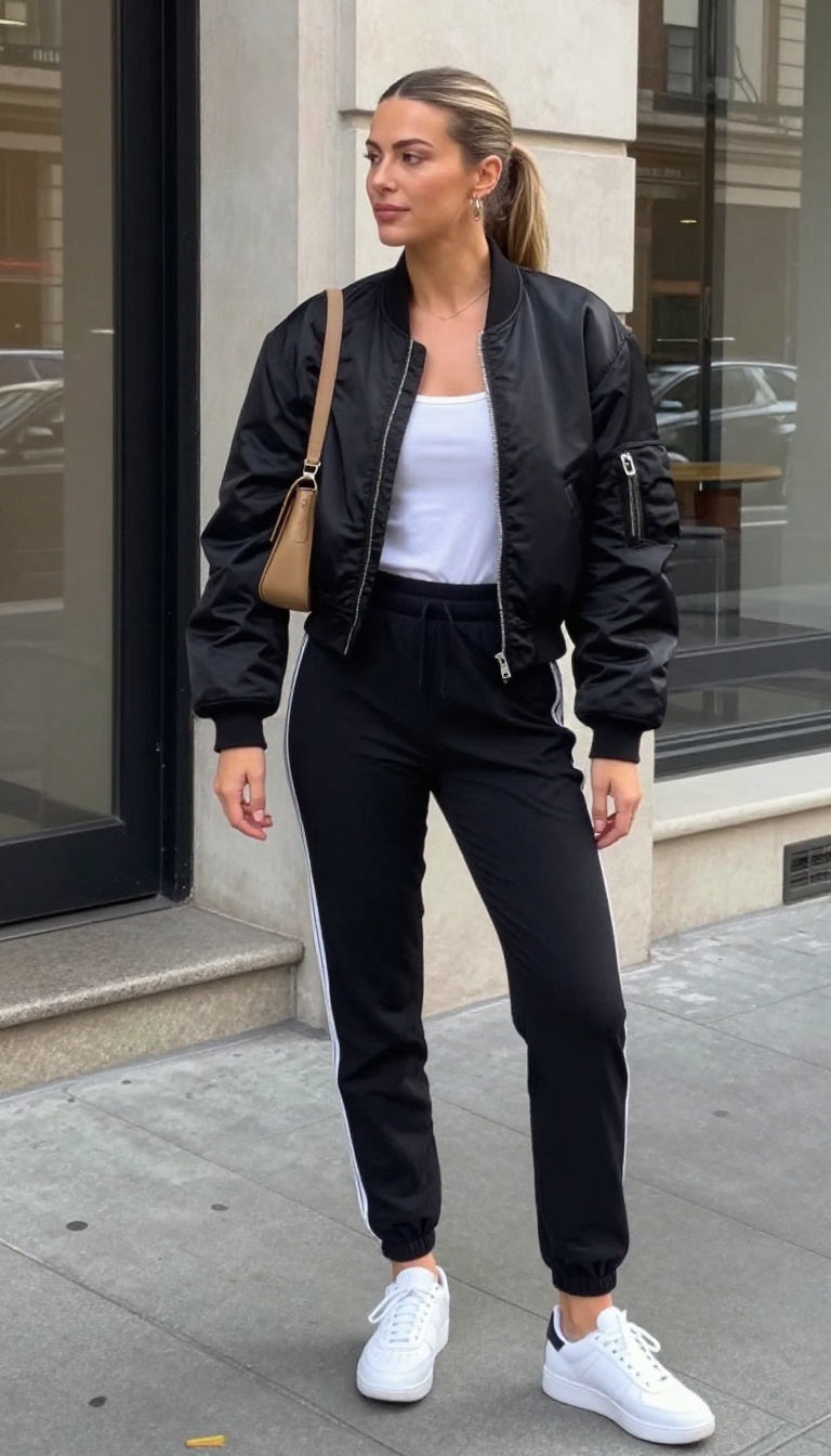 9. Track Pants with a Cropped Bomber Jacket