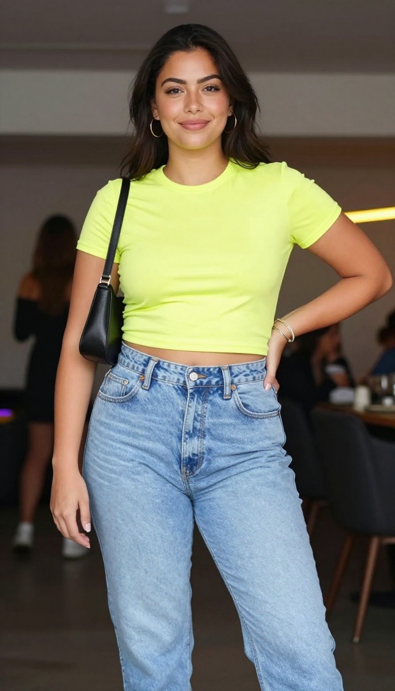 4. High-Waisted Mom Jeans and a Neon Top