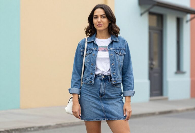Woman in 80s inspired outfit with high-waisted denim skirt and graphic tee