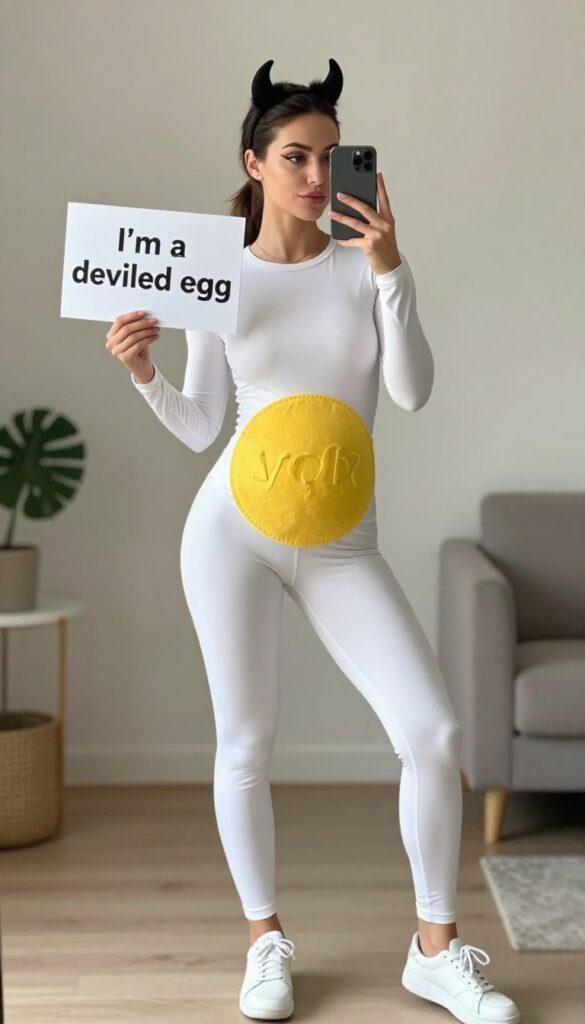 Woman in a deviled egg costume taking a mirror selfie, wearing a white top and leggings with a yellow felt yolk on her belly, holding a sign that says 'I'm a deviled egg', and wearing a devil horn headband.