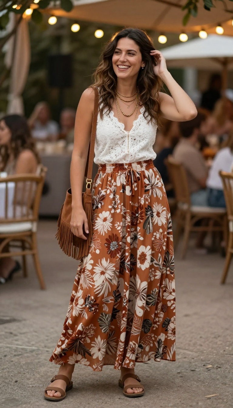 12. Boho Vibes: Flowy Skirt and Lace Top