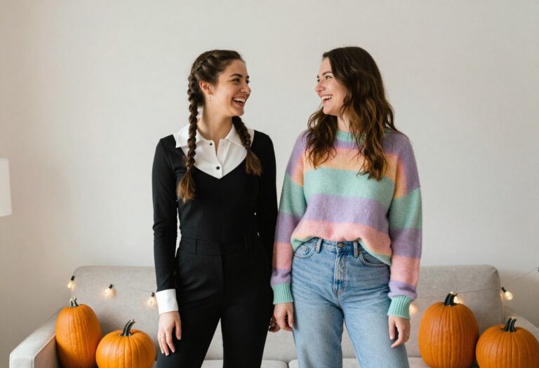 Couple dressed as Wednesday and Enid for Halloween, laughing together in a cozy living room