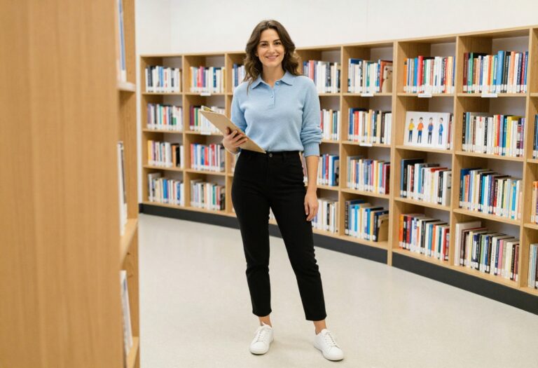 Primary school teacher in a comfortable and stylish outfit of black trousers, blue knit polo, and white sneakers, standing in a classroom.
